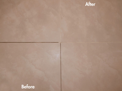 before/after photo from Dry-Treat of the incredible job that Rejuvenata ACTIVE did in blasting away grout in this tile application